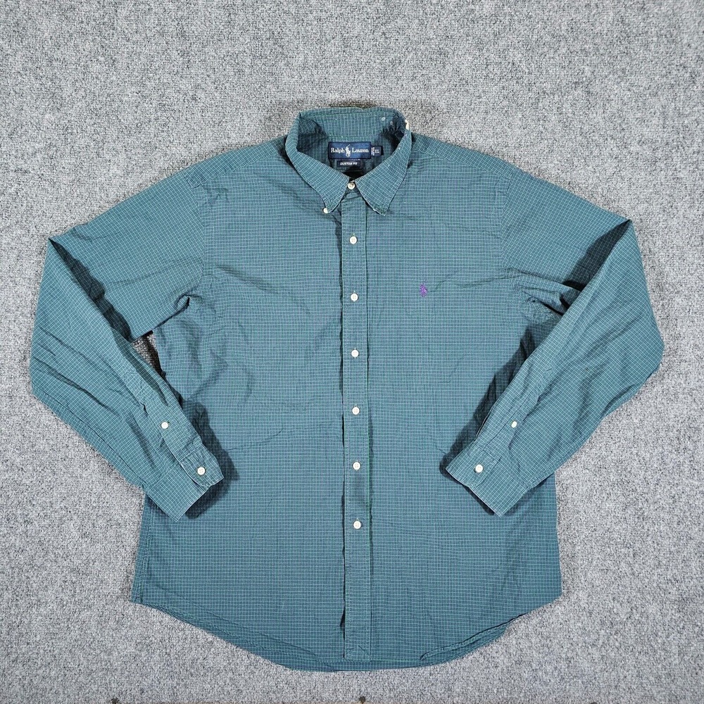Vintage Ralph Lauren Custom Fit Button Up Shirt Checked Forest Green Men XL Flaw